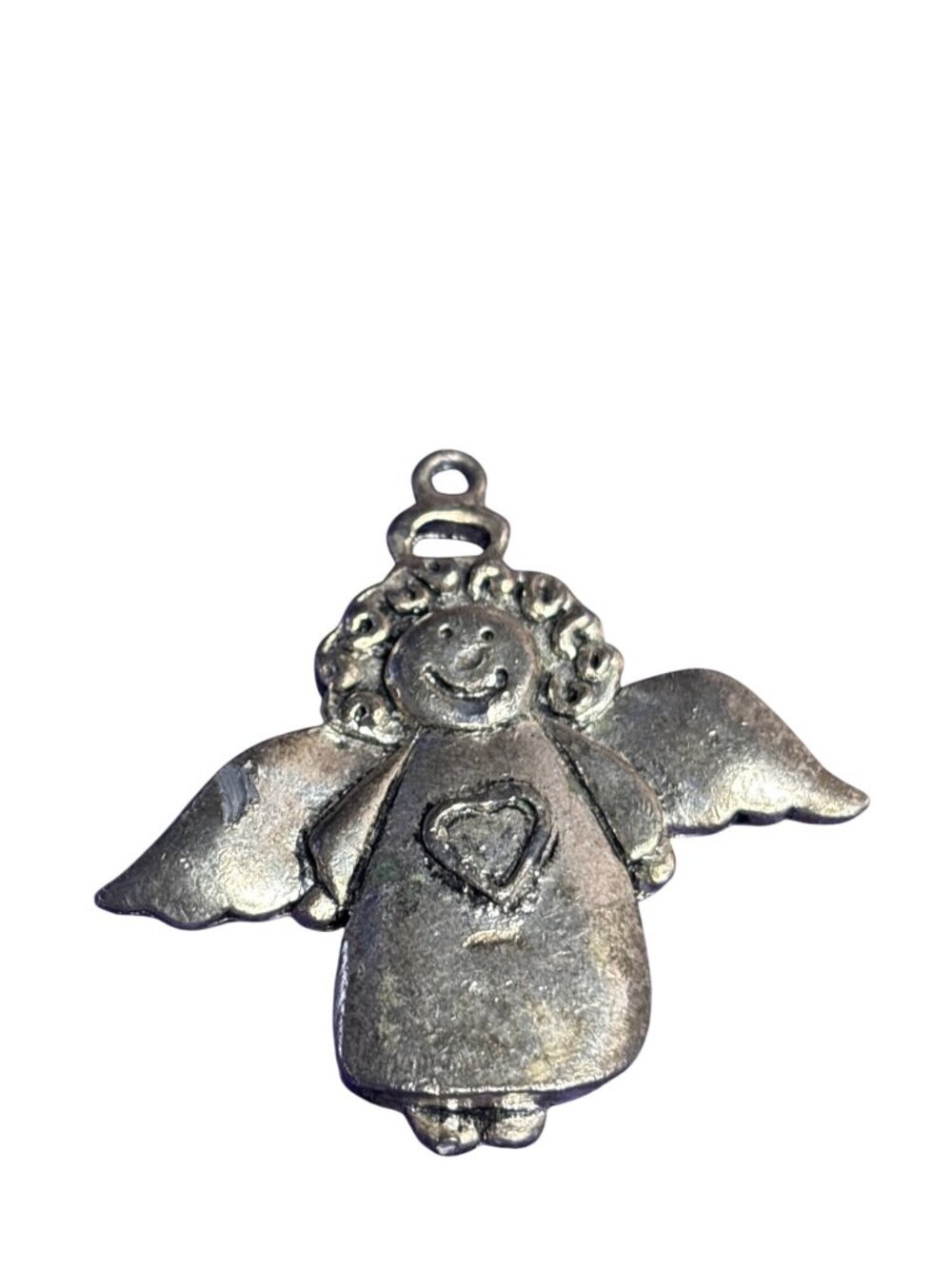 Rustic Distressed Silvertone Angel Pendant Heart 1.75 inches